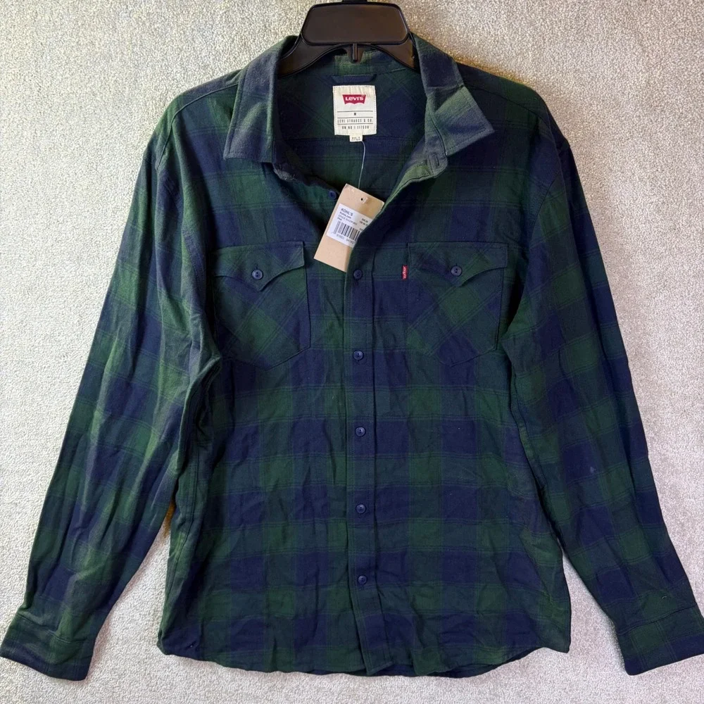 Levi's Flannel Shirt Mens Medium Pine Green Plaid Long Sleeve Button Down SEE